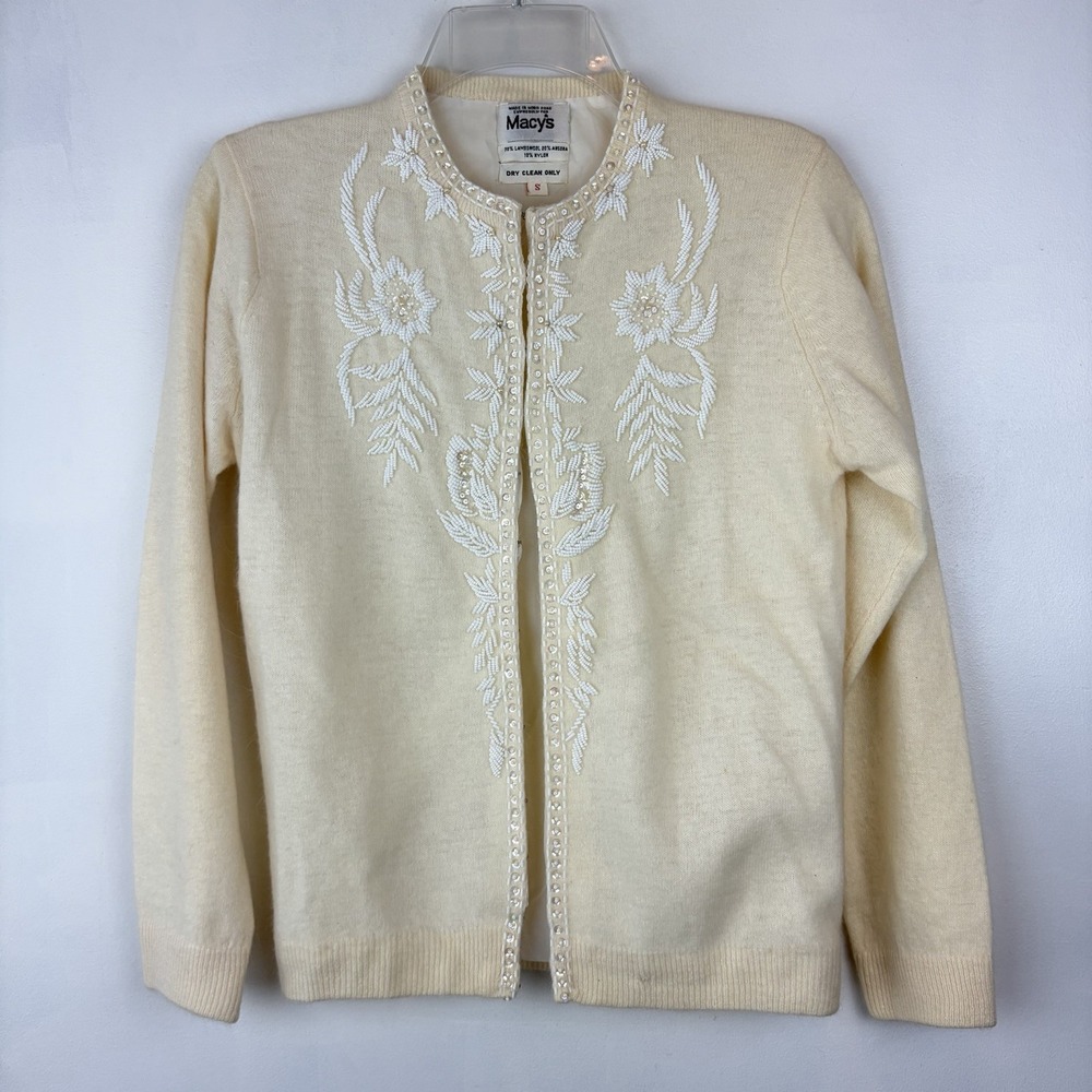 Vintage Wool Angora Sweater Womens Small Ivory Beaded Cardigan Hook Old Money